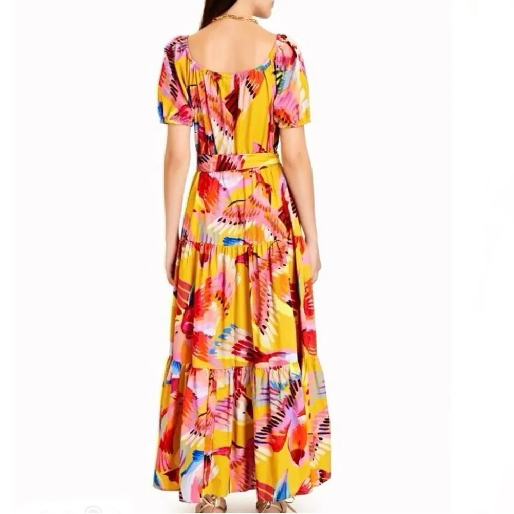 SOLD FARM Rio Neon Macaws Maxi Dress Beaded Tropical Bird Yellow Pink Size L - Picture 5 of 16